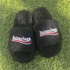 Balenciaga Men's Black Faux Fur Slip-On Slippers EU 41 US 8 Comfort Logo