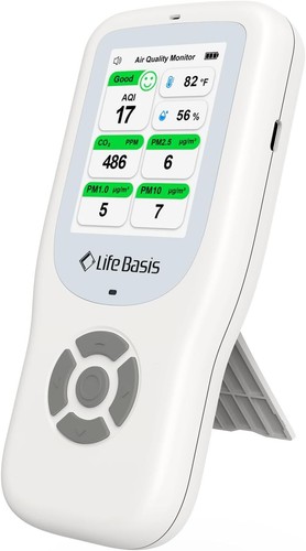 LifeBasis Air Quality Monitor 10-in-1 CO2 Monitor Rechargeable Stand Real-Time