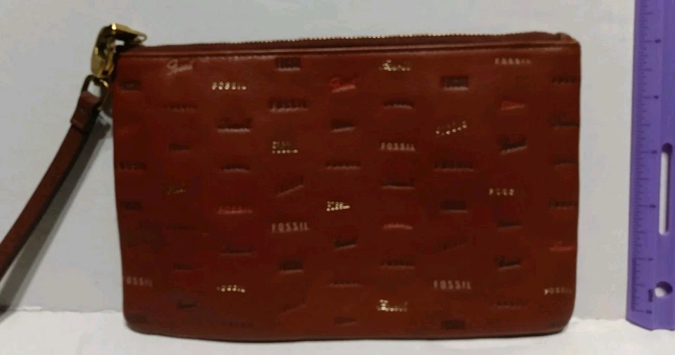 Cartera pequeña cartera billetera de cuero de vaca marrón con cremallera superior marrón Fossil Signature Foto 3 de 4