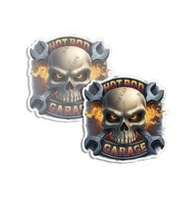 Hot Rod Garage Vintage Skull Flames Wrenches Decal Sticker Made in USA 2 PACK