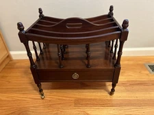 Vintage  Mahogany Canterbury Magazine Rack w/ Drawer + Wheels Tradition House