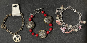 Lot of 3 Fashion Bracelets & Charms Peace Sign Red Beads Mom Charm Multicolor