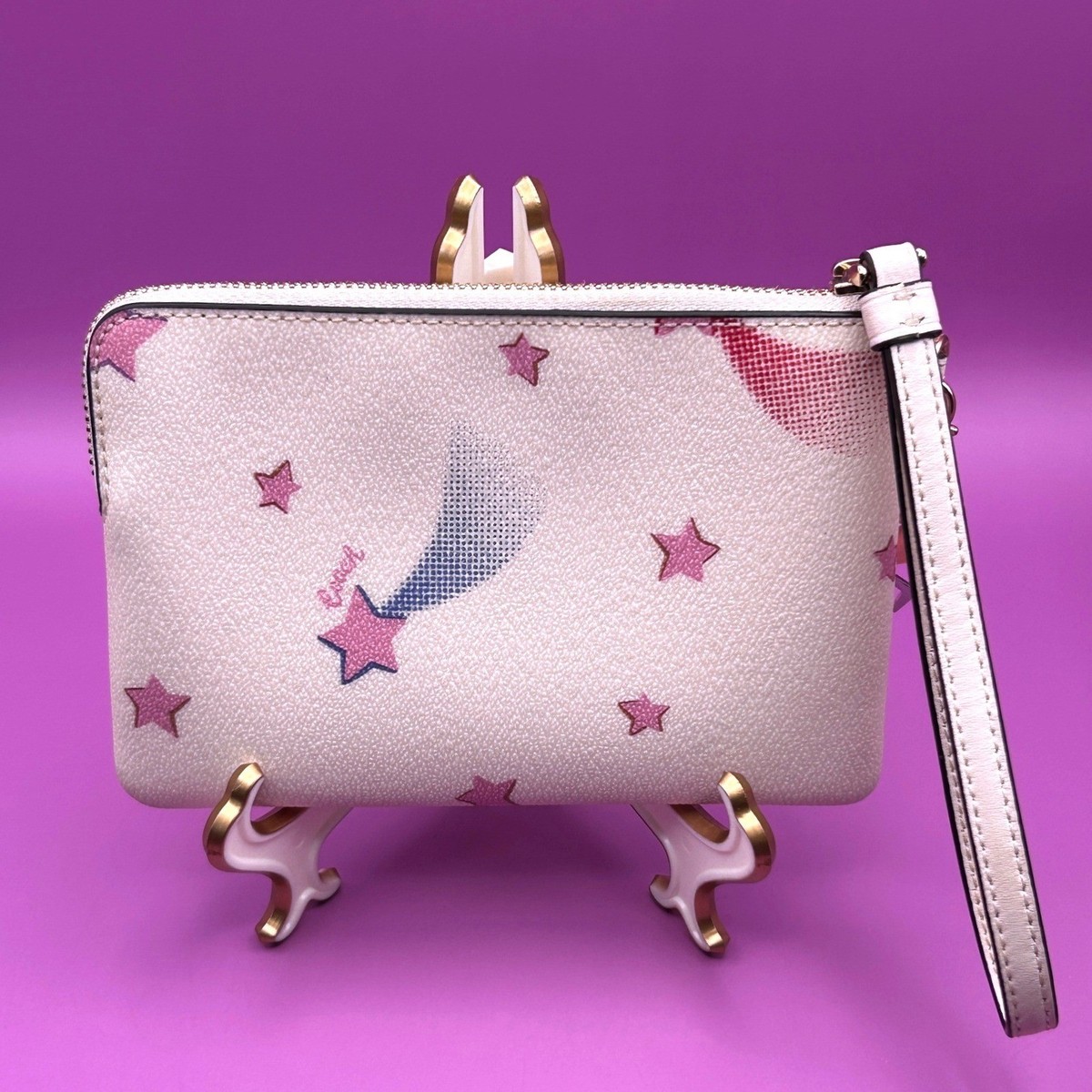 Coach Corner Zip Wristlet White Pink Shooting Star Celestial