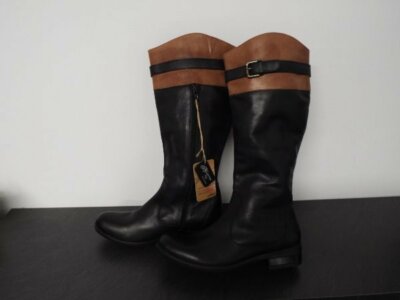 Weiches Leder Mantaray schwarz & hellbraun niedriger Absatz lange Stiefel Größe 6 neu mit Etikett UVP 85,00 £