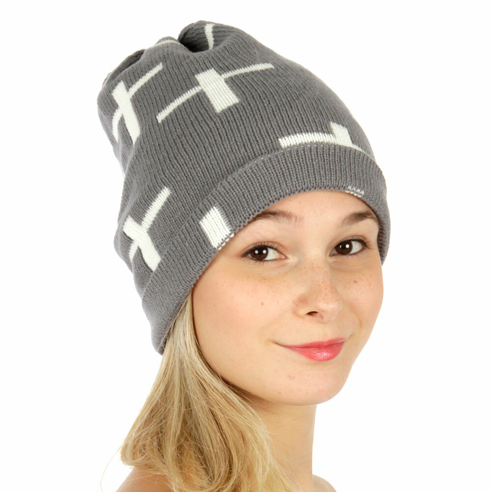 White Cross on Grey Pattern Knit Hat Toboggan Beanie Unisex Warm