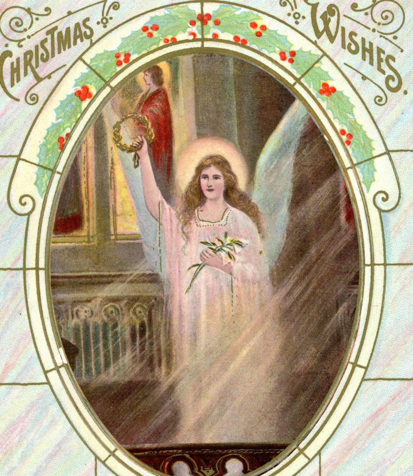 Weihnachtskarte O Come All Ye Faithful Cherub geprägt Dresden vergoldet antik Xmas