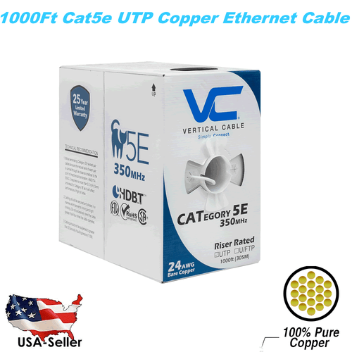 Cat5E Vertikales Kabel Weiß 1000 Fuß Solides CMR Blank Kupfer Bulk Ethernet Kabel - Bild 1 von 4