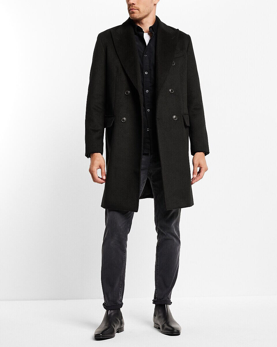 NEW EXPRESS $298 BLACK WOOL BLEND WATER RESISTANT TOPCOAT NEW EXPRESS $298 BLACK WOOL BLEND WATER RESISTANT TOPCOAT