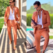 Orange Linen Men's Suits Summer Causal Wear Beach Wedding Groom Prom Tuxedos