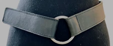 BLACK LEATHER ADJUSTABLE BELT, SILVER RING w/ HOOK & LOOP CLOSURE, XL 40L, 1.75W