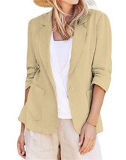 Women Cotton Blazer 3/4 Sleeve Ruched Lined Suit Casual Dressy Work Jacket Asian