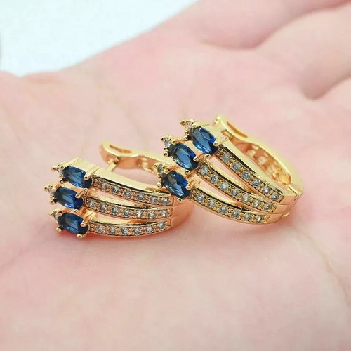 2Ct Oval Cut Lab Created Blue Sapphire Fancy Hoop Earring 14K Yellow Gold Plated - Picture 2 of 4