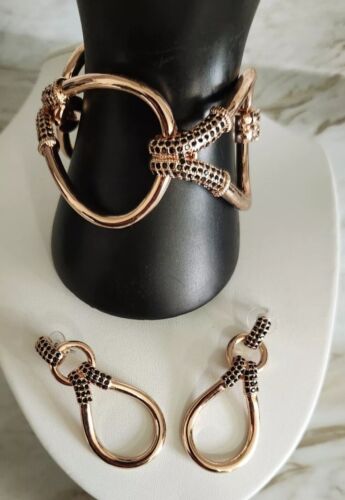 Giles & Brother G&B Rose Gold Cuff Link Bracelet w/ Dangling Loop Earrings Set - Picture 2 of 6