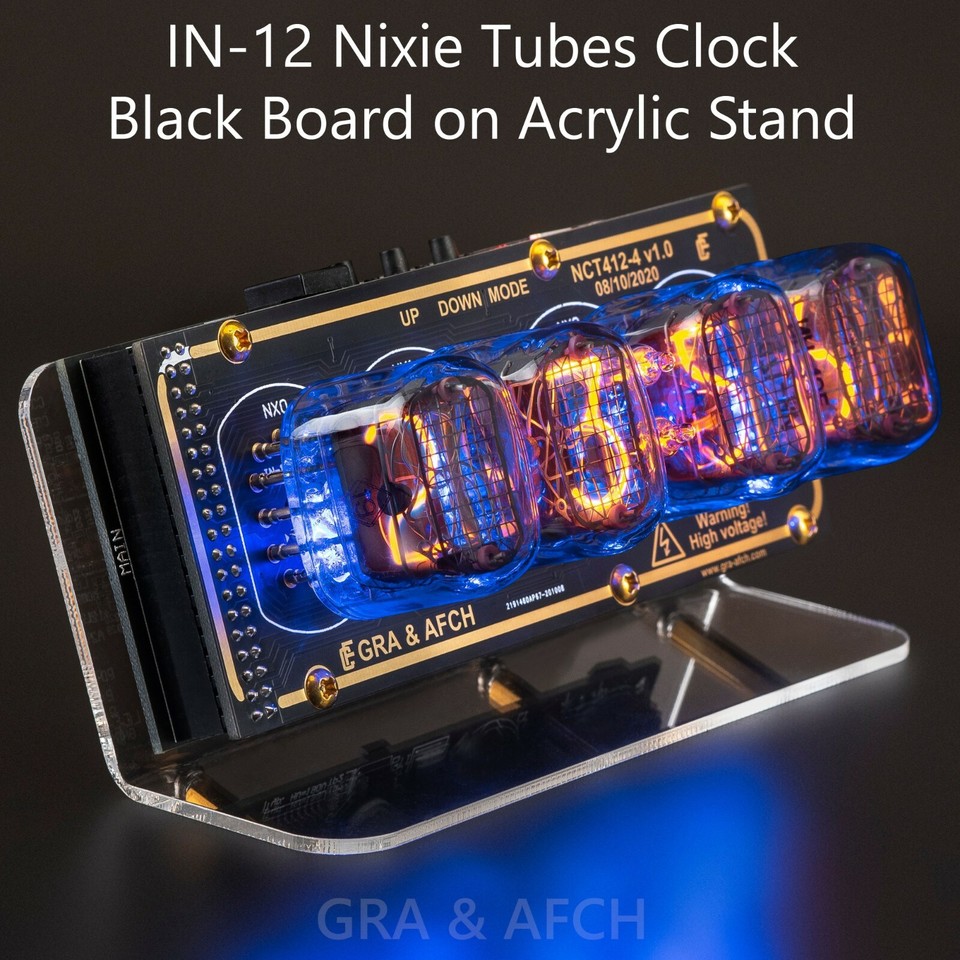 IN-12 Nixie Tubes Clock on Acrylic Stand with Sockets 12/24H 4 Tubes GOLDBLACK