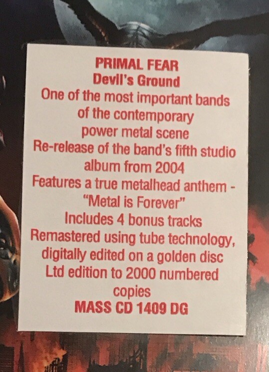 Primal Fear Devil's Ground CD 2010 Metal Mind MASS CD 1409 DG [Digipak]  *PL
