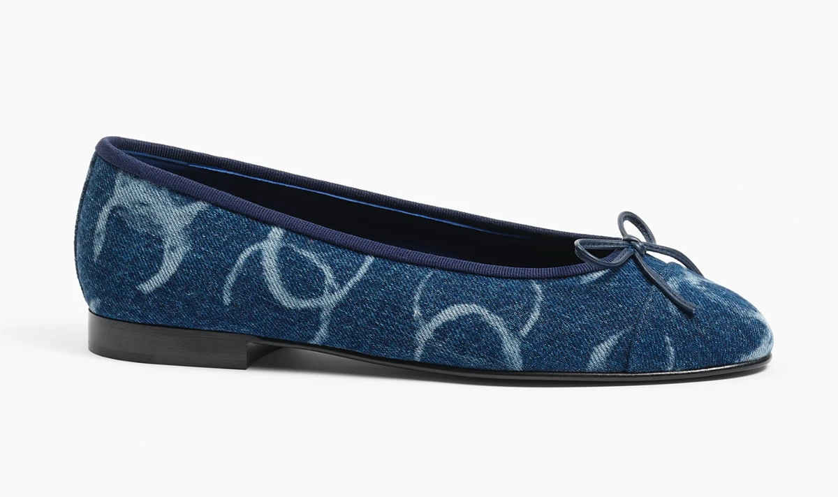 Chanel 23B Printed Denim Blue White CC Logo Bow Tie Ballet Ballerina Flat  37