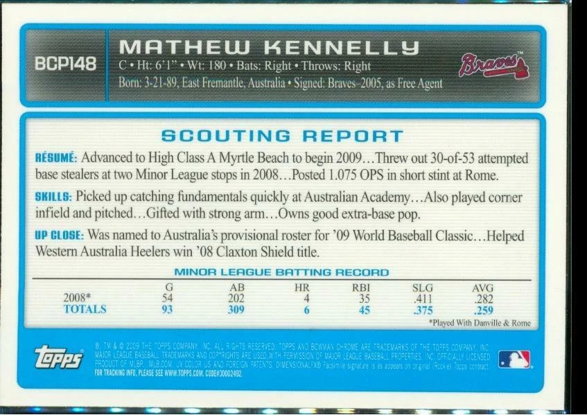 2009 Baseball Card Bowman Chrome Prospects BCP148 MATHEW KENNELLY Atlanta Braves - Image 2 of 2
