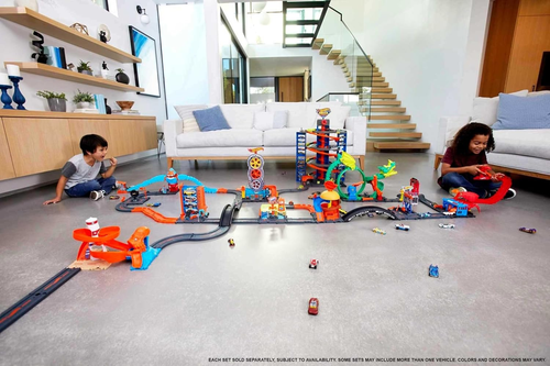 Toy Car Track Set Pack, 10 Track-Building Parts with City Square, Bridge & 1:64 - Picture 2 of 12