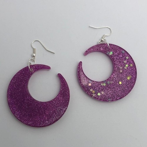 Large crescent moon earrings, Star Glitte , Acrylic Earrings - Picture 32 of 60