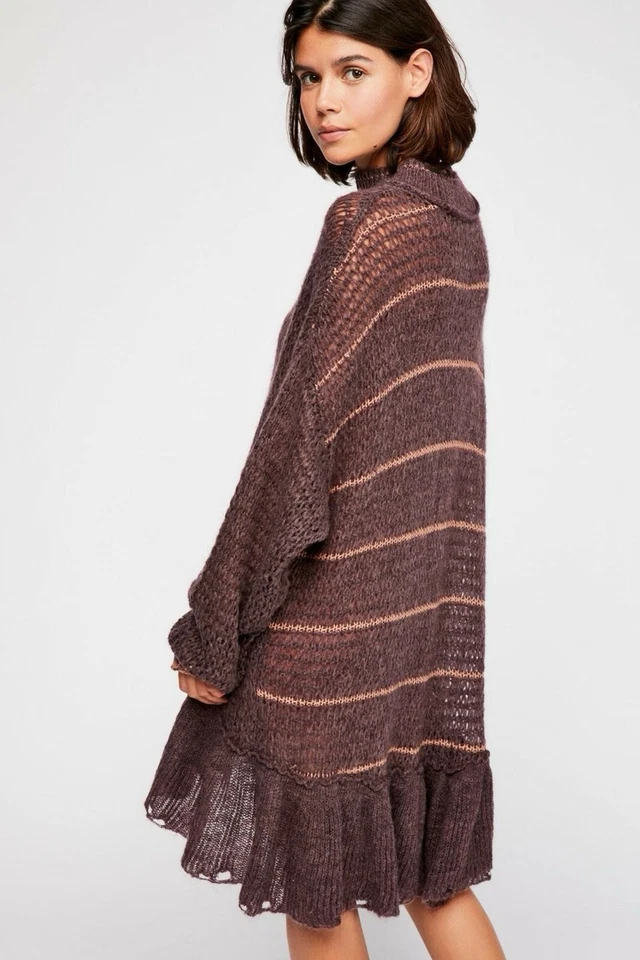 Free People Float On Peplum Tunic Sweater BlackBerry Purple Stripes Sz Small - Image 2 of 4