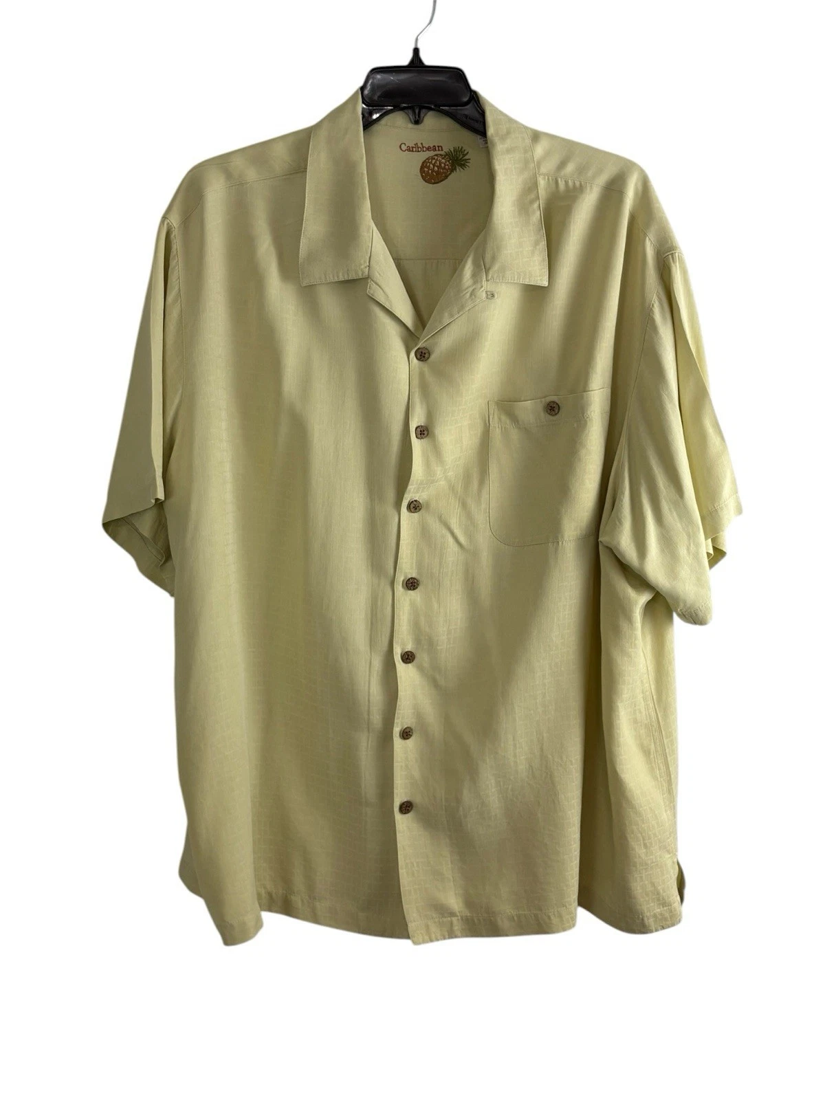 Caribbean Mens Shirt Silk 3x Button Down Yellow Short Sleeve Pocket Hawaiian