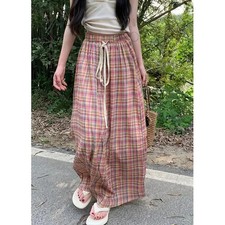 Lucyever Vintage Y2K Plaid Skirts Women Harajuku Streetwear Drawstring Long Skir