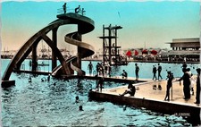 Casablanca Municipal Pool Waterslide Diving Board RPPC Colorized People Postcard