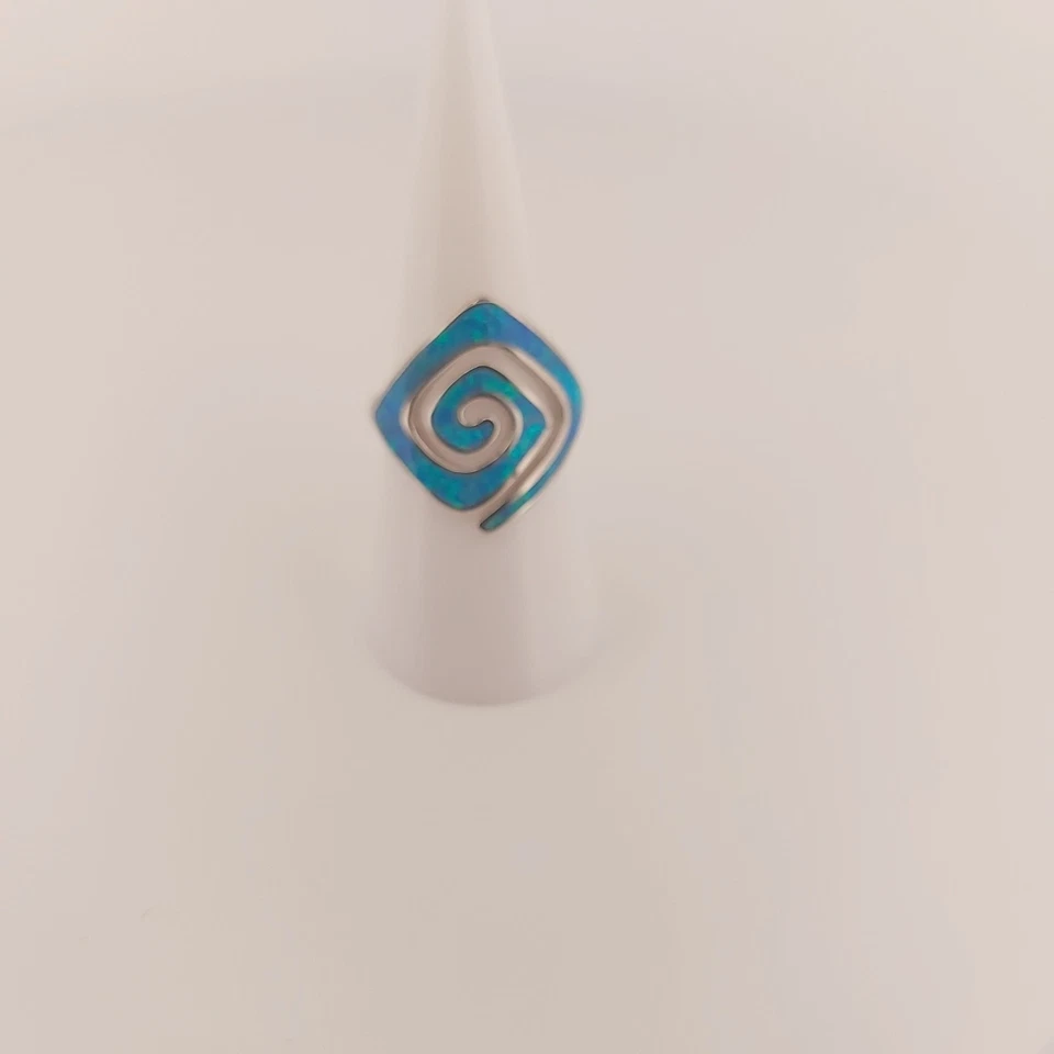 Anello in argento opale blu, design a spirale con chiave greca, anello di dic... - Immagine 3 di 4