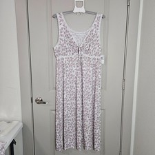 NEW Miss Elaine Long Nightgown Womens 2X Sleeveless Keyhole Pink Leaf White