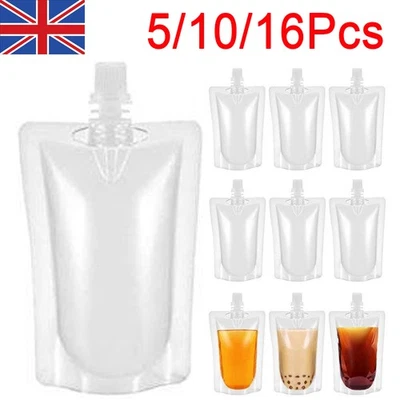 5/10/16Pcs Reusable Clear Plastic Spouted Liquid Drink Bag Stand Up Pouch 500ml
