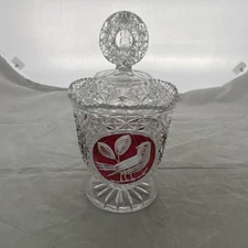 HOFBAUER BYRDES LEAD CRYSTAL RED BIRDS  COVERED CANDY DISH 9.5” Vintage