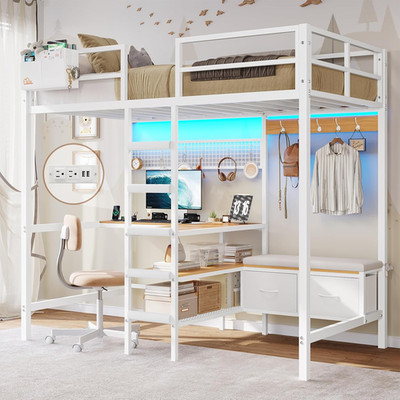 DICTAC Twin Loft Bed with L-Shaped Desk, Storage Shelves and Charging Station Tw