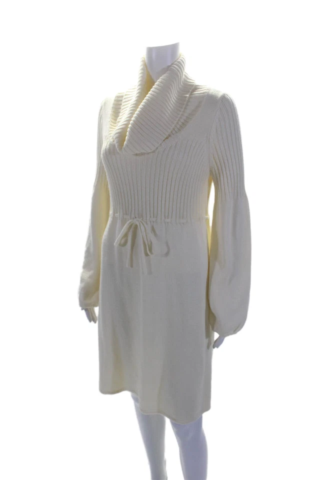 Calvin Klein Womens Textured Turtleneck Drawstring Knit Sweater Dress Cream Size - Image 2 of 4