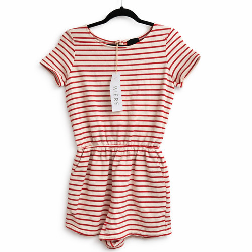 Lumiere Red Ivory Striped Cotton Romper Women’s Large NWT Nautical Elastic Waist