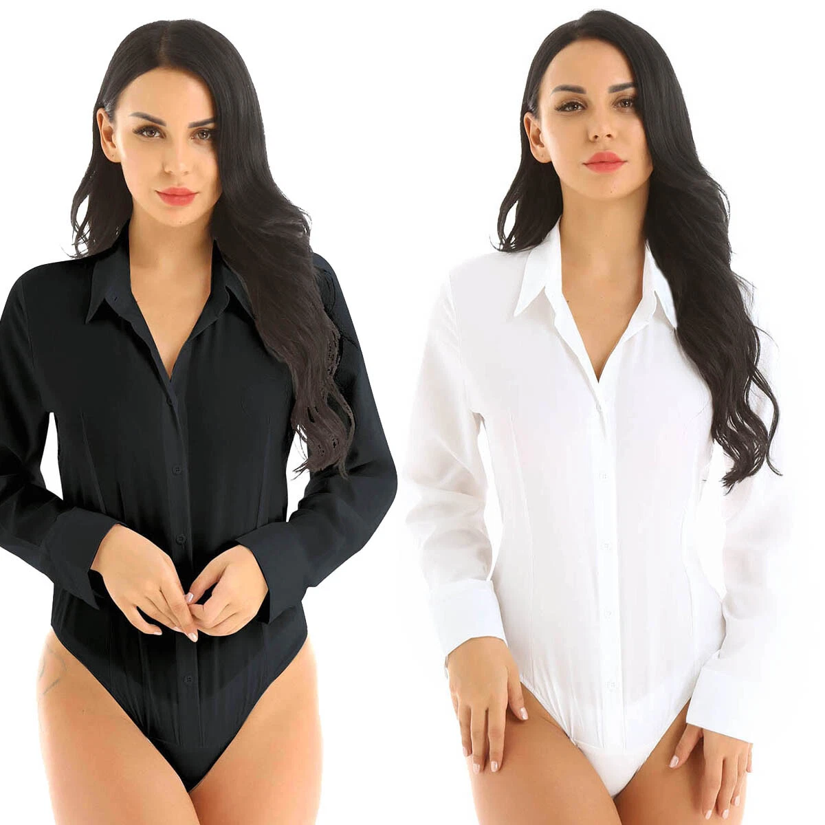 Women Long Sleeve Button Down Shirts Bodysuit One Piece Blouse Leotard Top