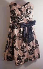 Maddy Paige Dress Small Rouched Front Formal Beige Black Bow