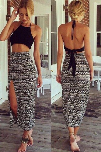 Sexy Women 2 Piece Set Sleeveless Dress Halter Backless Crop Top+Long Maxi Skirt - Picture 3 of 7