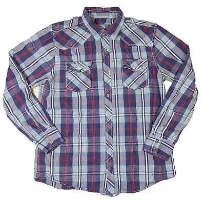 BKE Buckle Shirt Mens XL Gray Blue Plaid Metal Buttons Standard Fit L/S Western