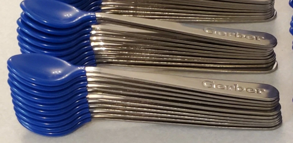 Lote de 100 cucharas bebé GERBER punta suave mordida hechas en EE. UU. Acero inoxidable azul infantil nuevas Foto 3 de 4