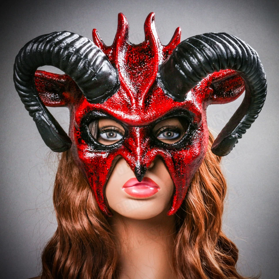 Halloween Demon Devil Satan w/ Black Ram Horns Masquerade Party Mask Bloody Red - Image 2 of 4