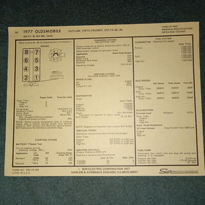 1977 OLDSMOBILE CUTLASS DELTA 88 VISTA 403 V-8 ENGINE SUN TUNE-UP CHART / 4BBL