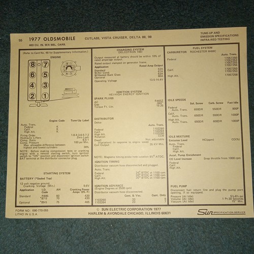 1977 OLDSMOBILE CUTLASS DELTA 88 VISTA 403 V 8 ENGINE SUN TUNE UP CHART 1977-oldsmobile-cutlass-delta-88-vista-403-v-8-engine-sun-tune-up-chart