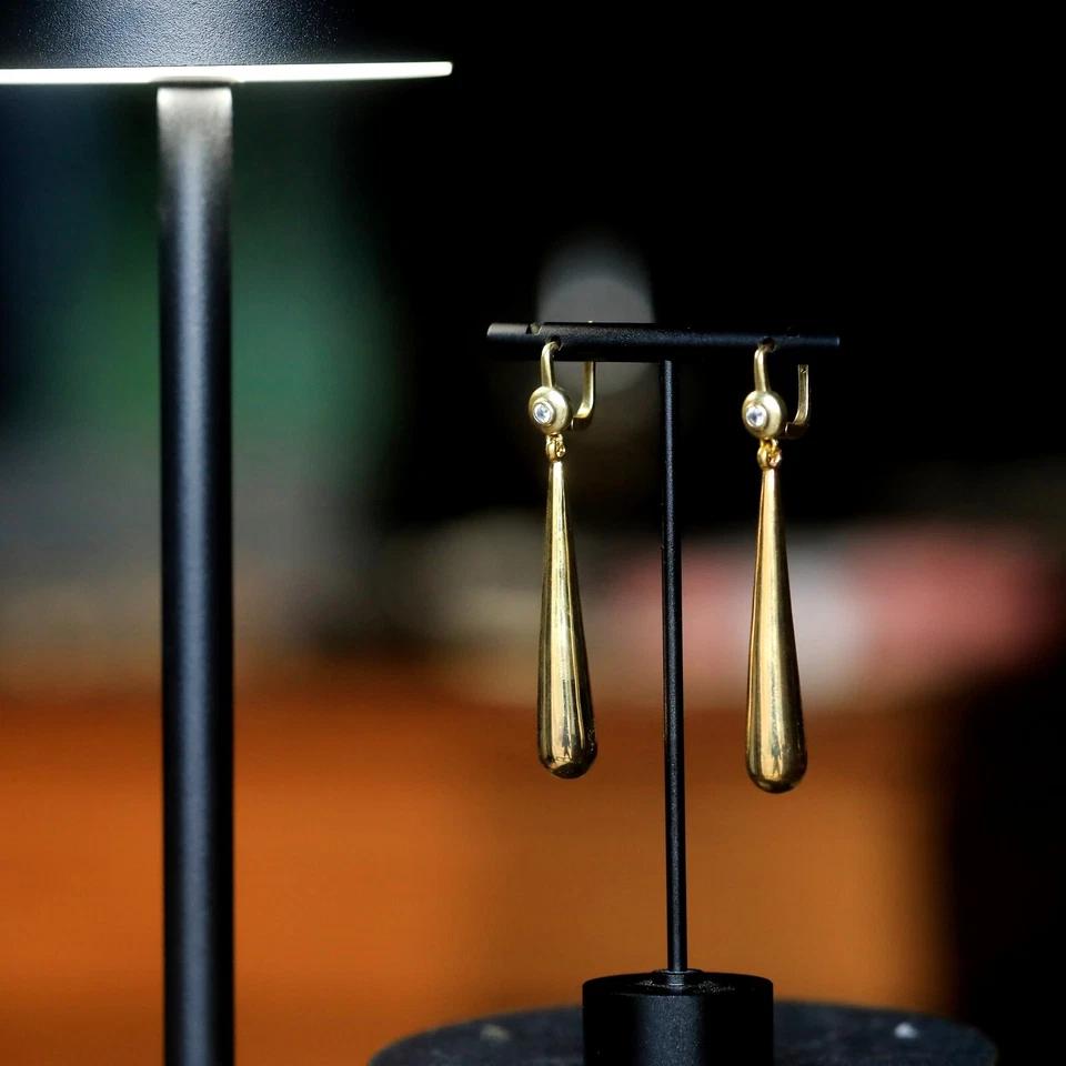 Orecchini Dorato Dormeuse Tondo Incastonato Zirconia Cubica Goccia Lungo, Ottone - Immagine 3 di 4