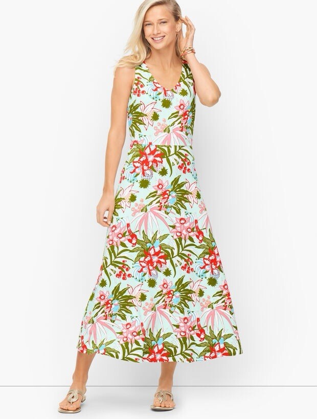 Talbots Maxi Dress Womens XS Green Tropical Floral Birds Jersey Resort-image