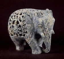 Vintage Elephant Statue Handmade Figurine Floral Carving Undercutt Art Decor Gft