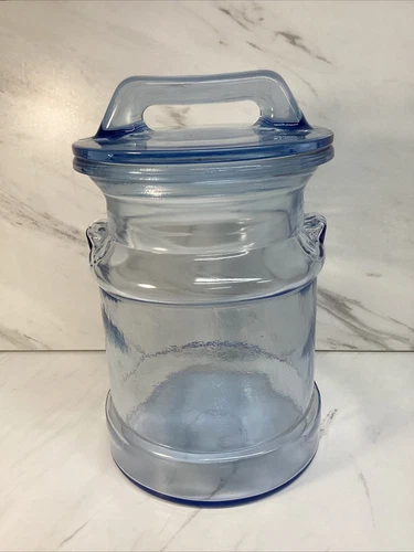 Vintage LE Smith Blue Glass Milk Can Canister Apothecary Jar Lid Collectible