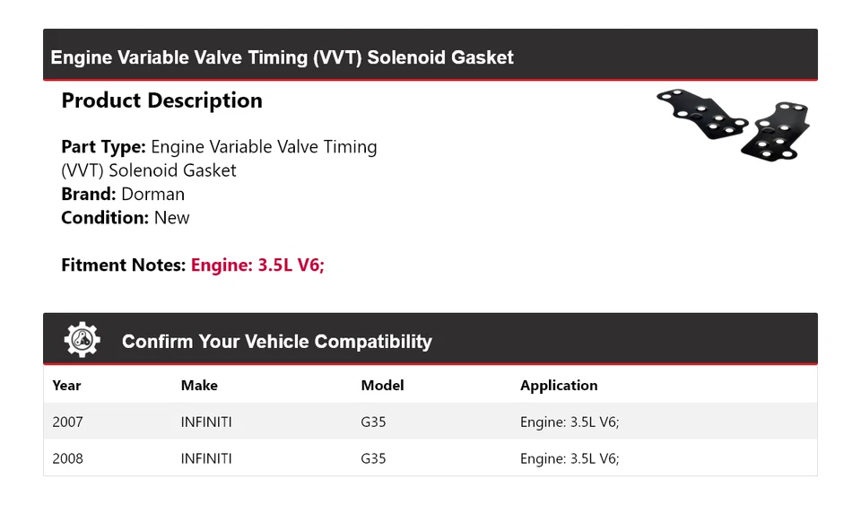 Junta solenoide VVT para motor Dorman Infiniti G35 2007-2008 3,5 L V6 Foto 2 de 4
