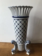 Bombay Company Tall Blue and White Porcelain Vase 3 Footed Cut Outs 11 3/4"