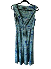 Jones New York Dress Womens Size 8 Green Blue Midi Paisley Print Ruched Boho