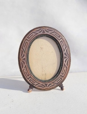 Antique Art Deco Guilloche Enamel Peach Greek Key Mini Picture Frame w/ Stand